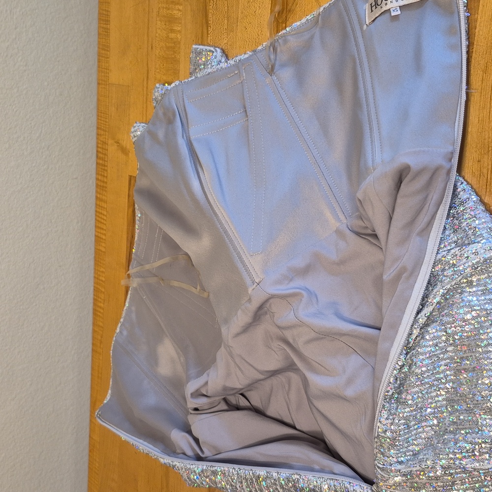 House Of CB London Sparkly Sequined Mini Dress Large Front Vertical Ruffles - Picture 9 of 12